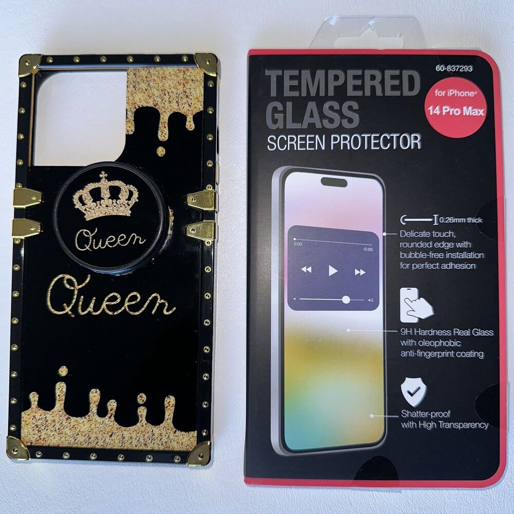 iPhone 14 Pro Max QUEEN Case Cover Lot Black Gold Screen Protector & Ring Holder